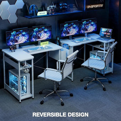 Acrolix L Shaped Gaming Desk 55 Inch - Computer Corner Desk with Power Outlets, Reversible Shelves & Storage Bag for Home Office, PC Gaming Table, White Carbon