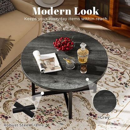FAMIDGE Round Coffee Table, Small Coffee Tables for Living Room, Wood Coffee Table with Metal Frame, Floor Table Desk for Sitting on The Floor, Home, Office, Farmhouse, Dark Gray (23.6" D x 17.7" H)