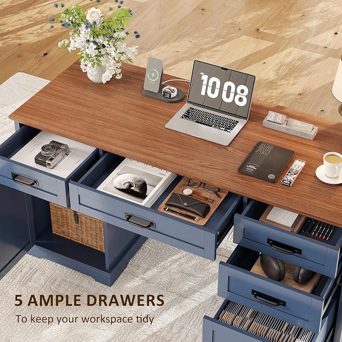 Whalefall 55'' Farmhouse Desk Home Office with Drawers, Blue | Executive Computer Desk with File Cabinet and Charging Station, Wooden Small Desk with Locking Drawers Storage