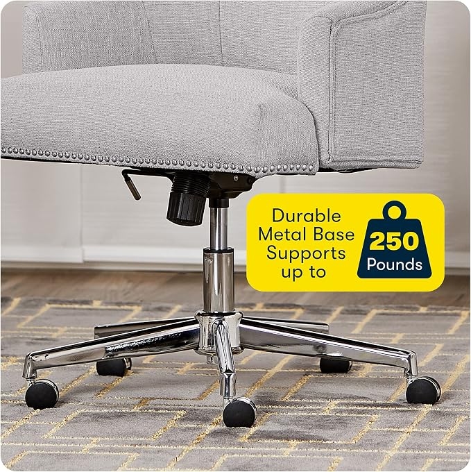 Serta Leighton Home Office Desk Chair, Mid-Back with Chrome Nailheads, Memory Foam Cushion and Padded Arms, Modern Makeup Vanity Armchair with Wheels, Swivel Base, Twill Fabric, Light Gray