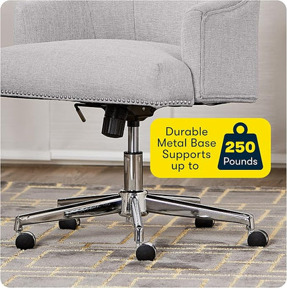 Serta Leighton Home Office Desk Chair, Mid-Back with Chrome Nailheads, Memory Foam Cushion and Padded Arms, Modern Makeup Vanity Armchair with Wheels, Swivel Base, Twill Fabric, Light Gray