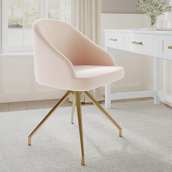 Martha Stewart Sora Stationary Swivel Task Chair with Sloped Arms for Home Office in Conch Shell Fabric with Polished Brass Frame