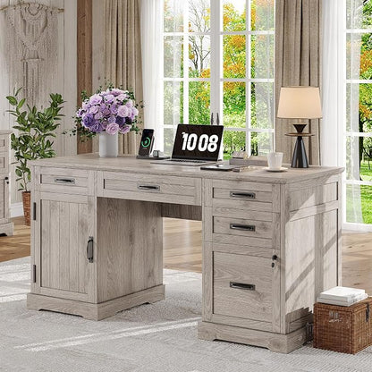Whalefall 55'' Farmhouse Desk Home Office with Drawers, Light Gray | Executive Computer Desk with File Cabinet and Charging Station, Wooden Small Desk with Locking Drawers Storage