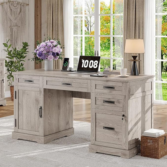 Whalefall 55'' Farmhouse Desk Home Office with Drawers, Light Gray | Executive Computer Desk with File Cabinet and Charging Station, Wooden Small Desk with Locking Drawers Storage