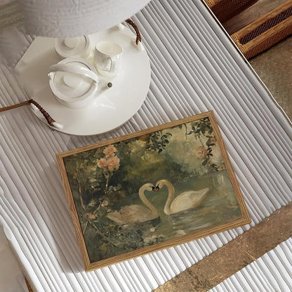 Vintage Swan Wall Art, Antique Swan Art Print, Rustic Farmhouse Romantic Decor, Cottagecore Animal Oil Painting, Aesthetic Swans Picture Wall Decor for Bedroom Living Room 8x10 inch Wood Framed