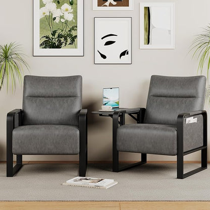 Upholstered Living Room Chair Armchair Set of 2, Mid Century Faux Leather Metal Accent Chair, Reception Couch Office Guest Chair Slipper Club Lounge Single Sofa with Sidetable for Bedroom-Grey