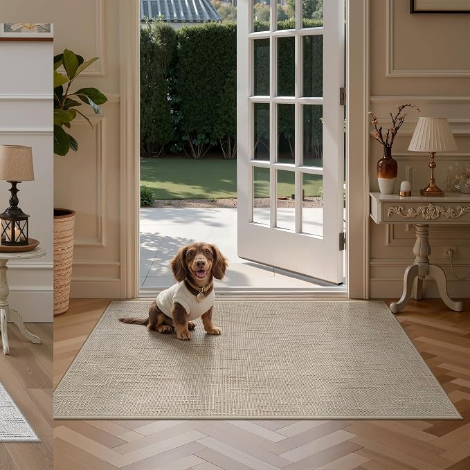 Valenrug 3x5 Rug - Stain Resistant 3x5 Entryway Rugs, Non Slip High-Low Pile Textured Area Rugs for Living, Bedroom,Entryway, Folable Machine Washable Rug (3'x5', Beige)