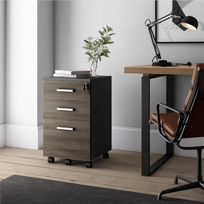 Modern Design Lazio File Cabinet, Filing Cabinets for Home Office, Drawers for Under Desk, Locking 3 Drawer Rolling Wood Filing Cabinet with Lock, Black and Grey, by Crafts and Comfort
