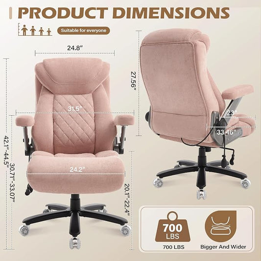 Fabric 700lbs Big and Tall Office Chair, Ergonomic Heavy Duty Executive Cloth Office Chair with 5D Flip Arms & Adjustable Lumbar Support & Dual Rubber Wheel, Large Thick Padded Extra Wide Seat, Pink