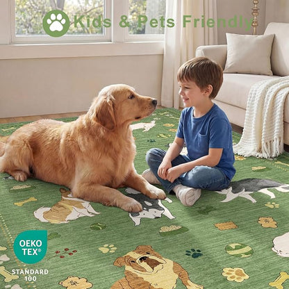 DUKINO 4x6 Area Rug, Non Slip Washable Rug for Living Room with Low Pile Design, Lightweight & Non Shedding Animal Dog Print Indoor Soft Carpet for Bedroom, Dining Room, Kids Room, Office, Green