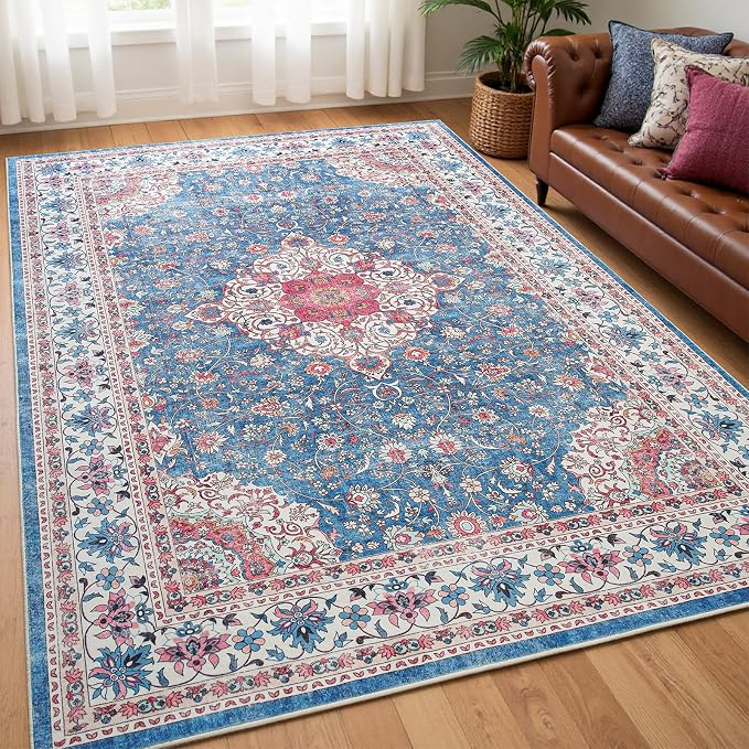 Goideal Washable Rug 3x5, Vintage Area Rugs Non Slip, Indoor Low Pile Carpet with Rubber Backing for Living Room Kitchen Bathroom Entryway Office Bedroom,Blue & Hot Pink