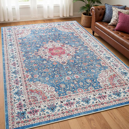 Goideal Washable Rug 3x5, Vintage Area Rugs Non Slip, Indoor Low Pile Carpet with Rubber Backing for Living Room Kitchen Bathroom Entryway Office Bedroom,Blue & Hot Pink