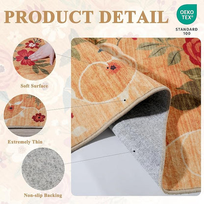 DUKINO 5x7 Area Rug, Floral Rugs for Living Room, Lightweight Non Slip Washable Rug, Indoor Low Pile & Non-Shedding Boho Design Rugs for Bedroom, Living Room, Dining Room, Orange