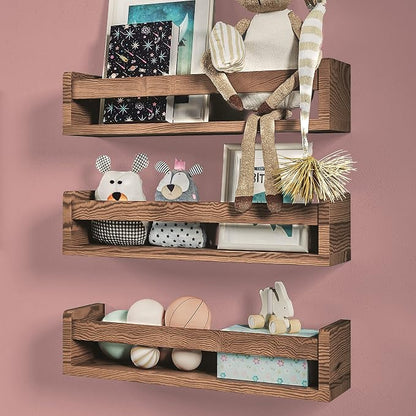 NATURE SUPPLIES Set of 3, 16.4". Nursery Book Shelves, Solid Wood for Books, Toys, Decor, Wall Bookshelf for Kids Bedroom, Floating Shelf, Stylish and Functional Storage Solution, Brown