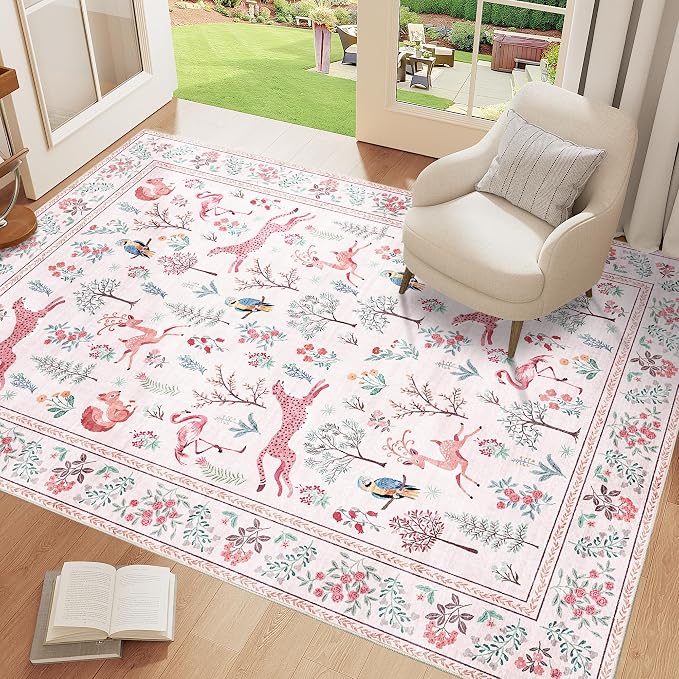 DUKINO 4x6 Rug, Washable Animal Area Rug with Non Slip Vintage Design, Indoor Soft Low Pile Carpet for Bedroom, Nursery, Dining Room, Farmhouse, Playroom, Pink