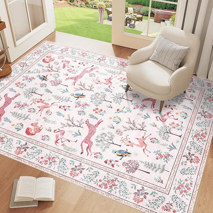 DUKINO 4x6 Rug, Washable Animal Area Rug with Non Slip Vintage Design, Indoor Soft Low Pile Carpet for Bedroom, Nursery, Dining Room, Farmhouse, Playroom, Pink