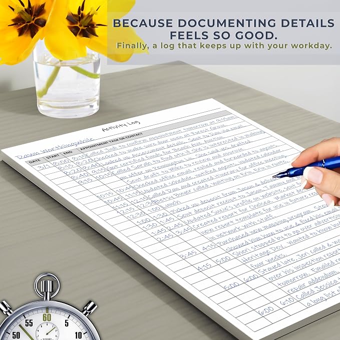 Life Charge Activity Log Notepad for Work, Daily Time Tracking Log Book with Task & Notes, 60 Pages, 8.5 x 11 Letter, Portrait