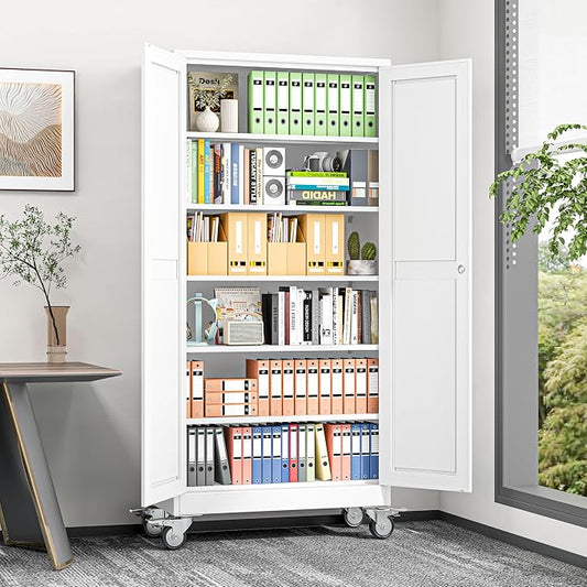 Metal Garage Storage Cabinets and storage system, 74”Tall Rolling utility cabinet with Wheels, Lock, 5 Adjustable Shelves, Heavy Duty Steel Tool Locker for Home Office, Utility Room, Gym,White