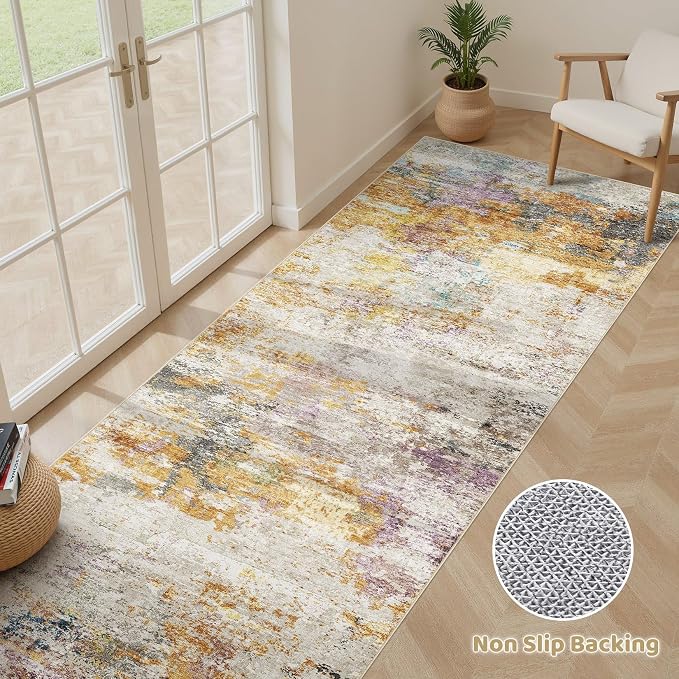 Runner Rug Kitchen Washable Rugs: 2x5 Non-Slip Abstract Soft Modern Stain Resistant Indoor Floor Neutral Accent Throw Carpet for Hallway Bathroom Laundry Room Entryway Bedroom- Gold Colorful