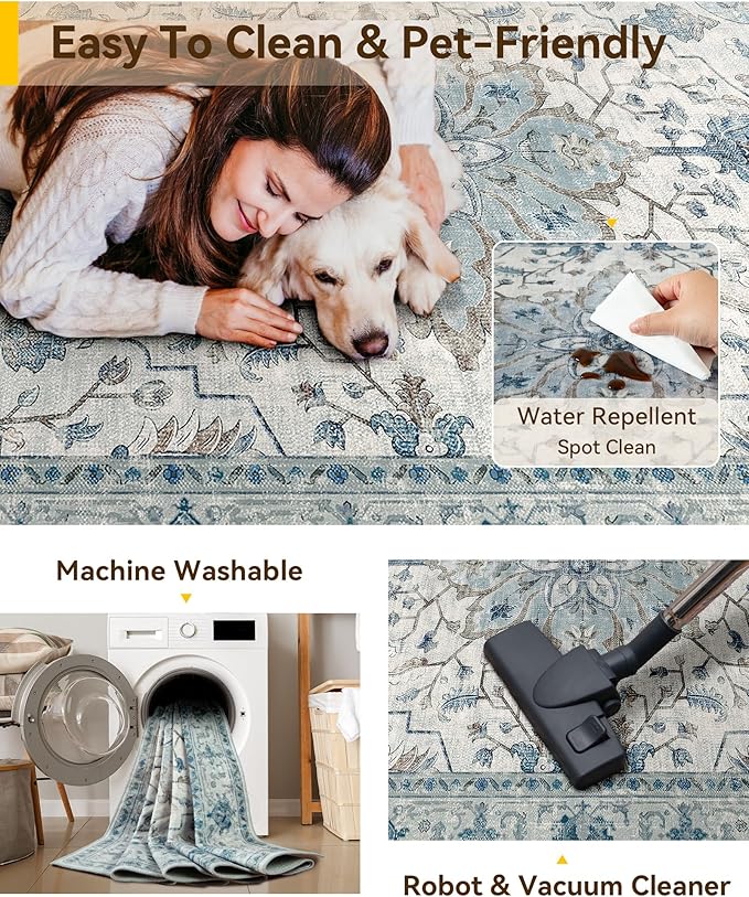 RELEANY Area Rugs 4'x6' Washable Non-Slip, Floral Vintage Distress Medallion Carpet for Living Room Bedroom Dining Room, Light Blue Navy Gray White