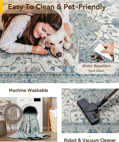RELEANY Area Rugs Runner 2'x10' Washable Non-Slip, Floral Vintage Distress Medallion Carpet for Kitchen Hallway Bedroom Beside Laundry Room Bathroom, Light Blue Navy Gray White