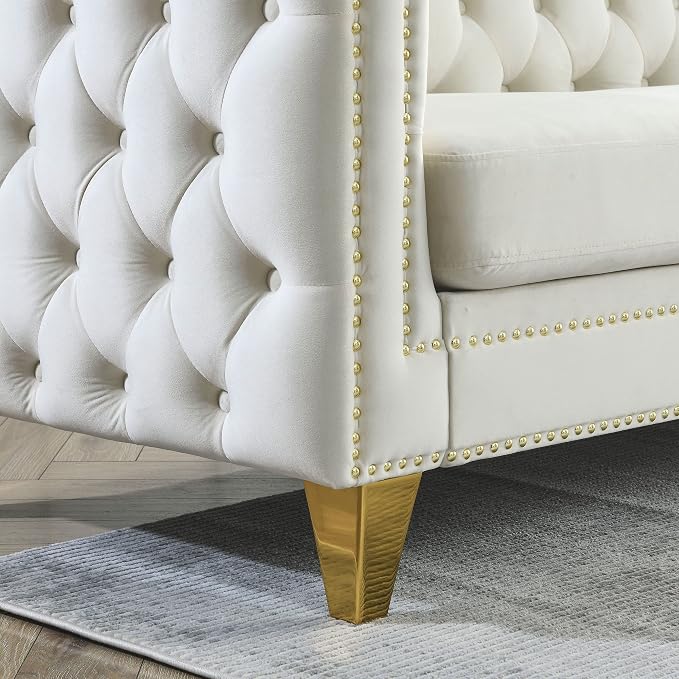 mikibama 2PC Velvet Sofa Couch Set for Living Room,Button Tufted 3 Seater Sofa and 2 Seater Loveseat Couch,Modern Upholstered Sofas with Nailhead Trims,Golden Metal Legs for Bedroom