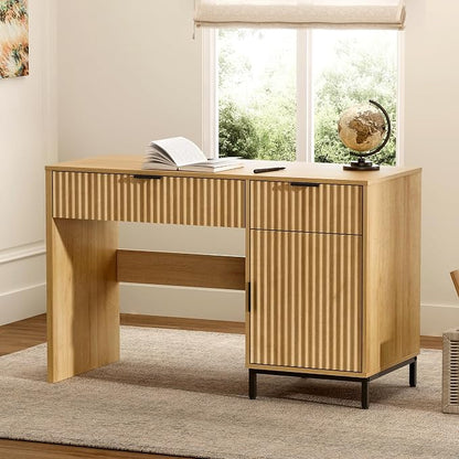 EYYTHUNG 47" Fluted Executive Desk, Modern Wood Home Office Desk with Charging Station, Drawer & Cabinet, Computer Writing Desk for Work Study, Natural Oak