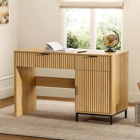 EYYTHUNG 47" Fluted Executive Desk, Modern Wood Home Office Desk with Charging Station, Drawer & Cabinet, Computer Writing Desk for Work Study, Natural Oak