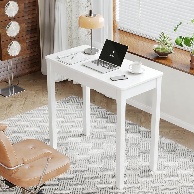 Solid Wood Desk with Drawers - 32 x 16 Inch Simple Narrow Desks, Rubber Wood Study Table, Small Writing Desk for Bedroom|Small Spaces - Modern White Desks