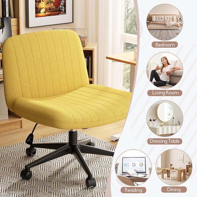 SUNLEI Cross Legged Office Chair with Wheels, Armless Wide Chair's for Vanity Desk, Criss Cross Comfy Chairs with Back, Desk Chair/s of Height Adjustable Swivel, Yellow