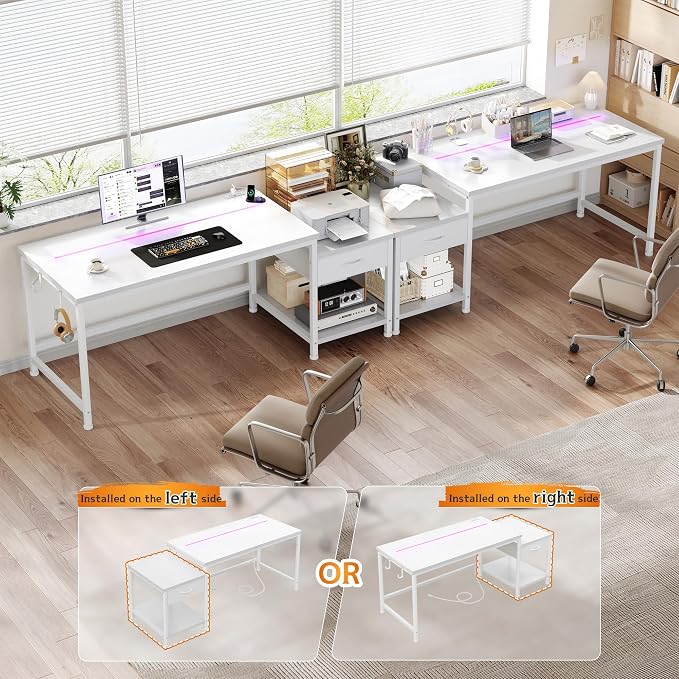 DurayLoly 48" White Desk with Printer Shelf & Power Outlets – Reversible Computer Desk with LED Lights, Drawer & Headphone Hook for Dorm,Teens Study Room,White