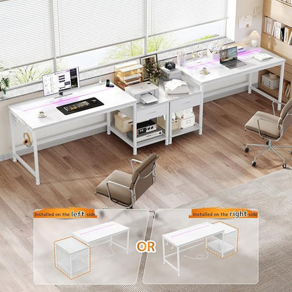 DurayLoly 48" White Desk with Printer Shelf & Power Outlets – Reversible Computer Desk with LED Lights, Drawer & Headphone Hook for Dorm,Teens Study Room,White