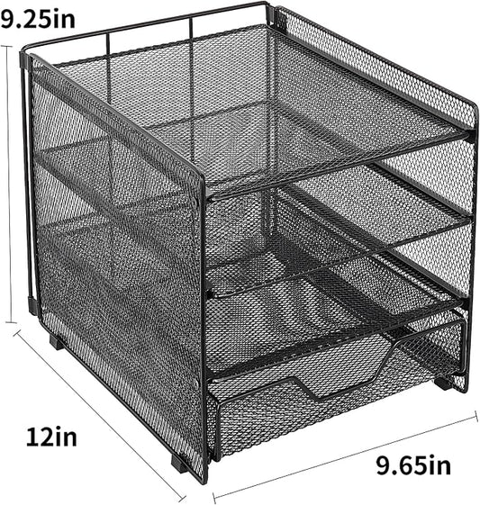 OPNICE Desk Organizers and Accessories, 4-Tier Desktop File Organizer with Drawer, Office Desk Accessories & Workspace Organizers for Office, Home Supplies(Black)