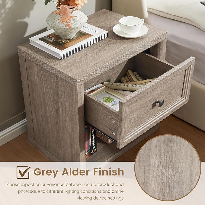 Standifurno Farmhouse Night Stand Set of 2, Grey Nightstands with Drawer Storage, Wood Large Side Tables End Table, 22.6" Wide Bedside Tables Night Stands for Bedroom Room Sofa Couch Office