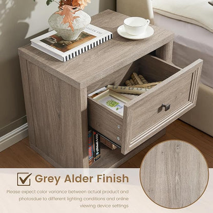 Grey Nightstand Set of 2, Farmhouse Modern Night Stand with Drawer & Open Storage Space, Large Bed Side Table for Bedroom Living Room, End Table with Metal Knob, Wooden Bedside Table