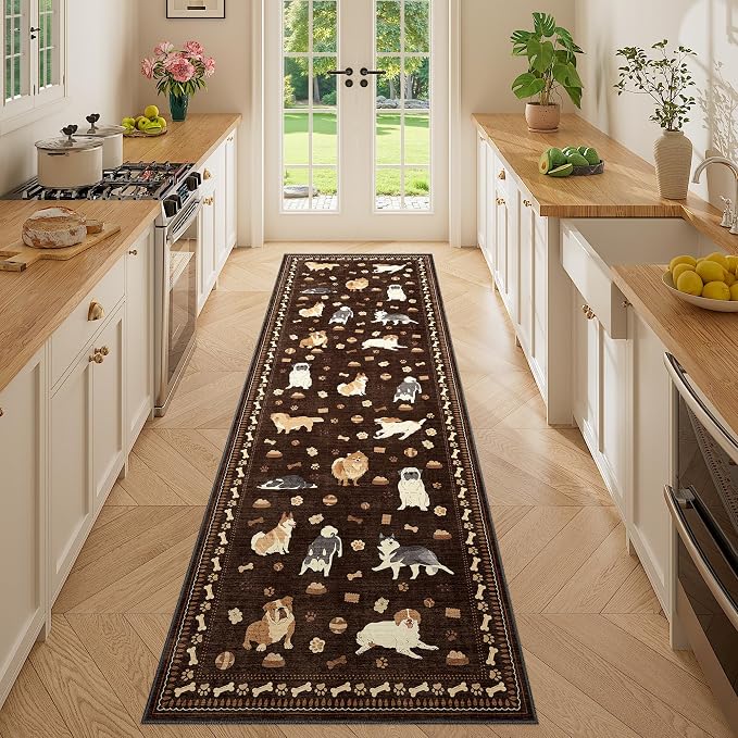 DUKINO 2.6x8 Washable Runner Rug for Hallway, Non Slip Animal Dog Kitchen Rug with Low Pile Design, Ultra Soft & Stain Resistant Indoor Carpert Runner for Entryway, Bedroom, Laundry, Bathroom, Brown