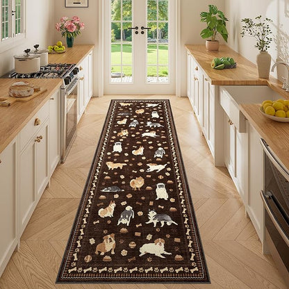 DUKINO 2.6x8 Washable Runner Rug for Hallway, Non Slip Animal Dog Kitchen Rug with Low Pile Design, Ultra Soft & Stain Resistant Indoor Carpert Runner for Entryway, Bedroom, Laundry, Bathroom, Brown