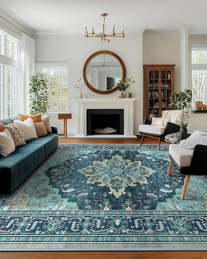 RELEANY Area Rugs Large 10'x12' Washable Non-Slip, Floral Vintage Distress Medallion Carpet for Living Room Bedroom Dining Room, Teal Green Lake Blue Turquoise