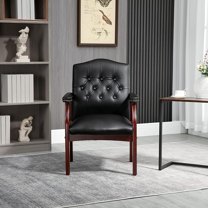 Ergonomic High Back Office Guest Chair - Black Leather Executive Single Chair for Reception & Conference Rooms, Waiting Room, Meeting, Lobby, Church, No Wheels with Arm Fixed Base Design