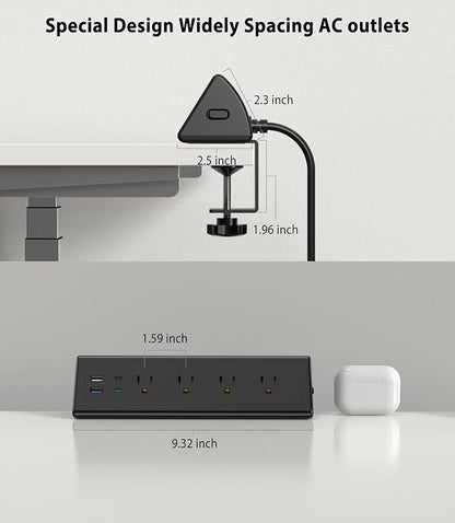 Jgstkcity Desk Clamp Power Strip,20W Fast Charging Station,Surge Protector Nightstand Edge Mount,1875W Extension Cord with Multiple Outlets,2 USB-C,2 USB-A,for Home Office (Black, 6 FT)