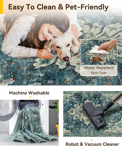 RELEANY Area Rugs 3'x4' Washable Non-Slip, Floral Vintage Distress Medallion Carpet for Living Room Bedroom Dining Room, Dark Blue Vintage