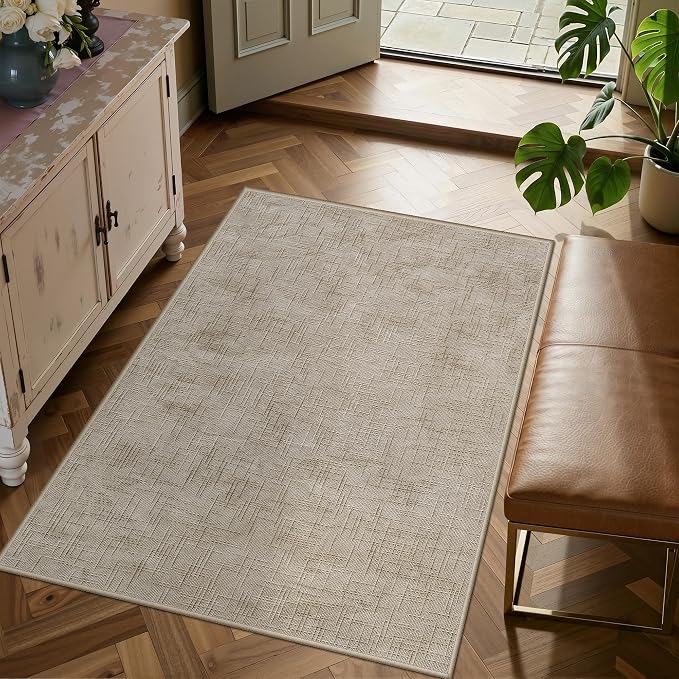 Valenrug 4x6 Area Rug - Stain Resistant 4x6 Rugs for Living Room, Non Slip High-Low Pile Textured Area Rugs for Bedroom, Folable Machine Washable Area Rug (4'x6', Beige)