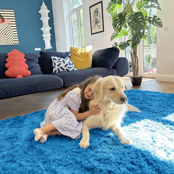 OLANLY 2x5 Machine Washable Runner Rugs for Hallway, Soft Fluffy Shaggy Bedside Rugs for Bedroom, Living Room, Indoor Floor Carpet for Kids Girls and Boys, Home Decor Aesthetic, Bright Blue