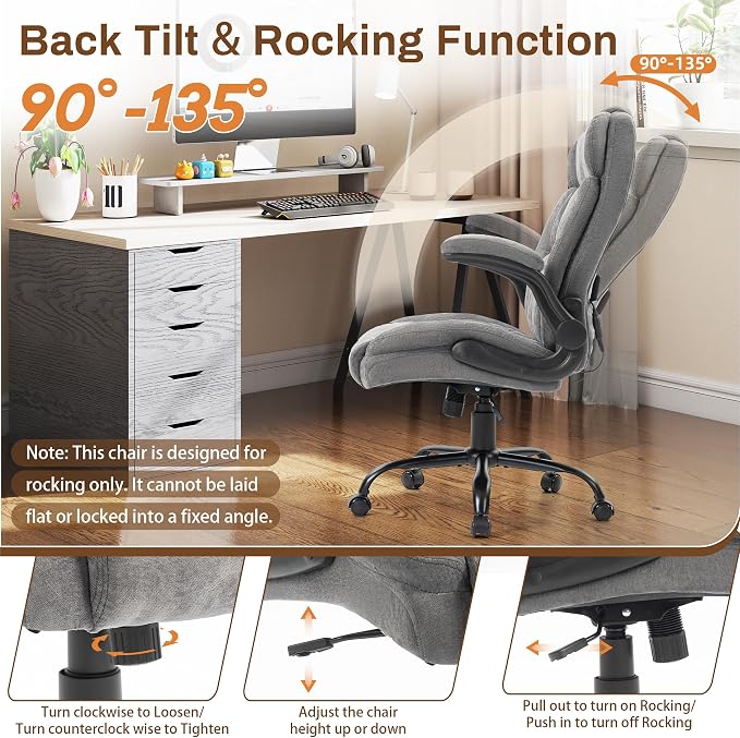 Massage Office Chair, 500LBS Ergonomic Rocking Executive Desk Chairs with 4 Points Vibration&Heat,Padded Flip-up Armrests for Big and Tall Office Chair,Swivel Computer Chair Thicken Back,Fabric Grey