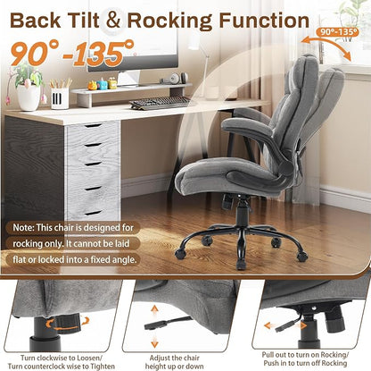 Massage Office Chair, 500LBS Ergonomic Rocking Executive Desk Chairs with 4 Points Vibration&Heat,Padded Flip-up Armrests for Big and Tall Office Chair,Swivel Computer Chair Thicken Back,Fabric Grey