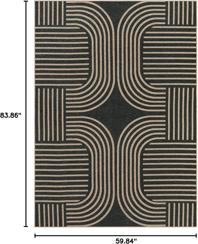 Lahome Enfys Modern Geometric Outdoor Easy Jute Rug, 5x7 Patio Living Room Rug Large Black Carpet for Bedroom, Farmhouse Washable Indoor Outdoor Carpet for Dining Room Backyard Deck