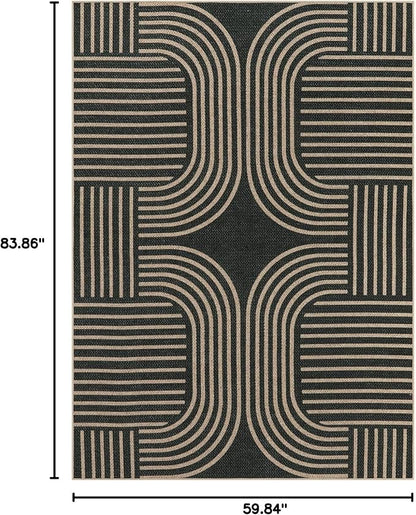 Lahome Enfys Modern Geometric Outdoor Easy Jute Rug, 5x7 Patio Living Room Rug Large Black Carpet for Bedroom, Farmhouse Washable Indoor Outdoor Carpet for Dining Room Backyard Deck