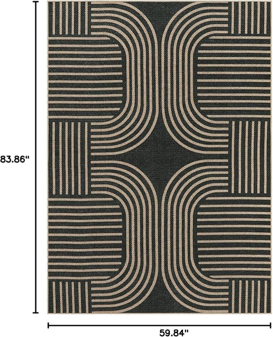 Lahome Enfys Modern Geometric Outdoor Easy Jute Rug, 5x7 Patio Living Room Rug Large Black Carpet for Bedroom, Farmhouse Washable Indoor Outdoor Carpet for Dining Room Backyard Deck
