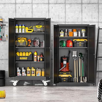 winiowa 61" Tall Metal Garage Storage Cabinet with Wheels, Steel Locking Rolling Tool Cabinet with 3 Adjustable Shelves for Garage,Home,Office (Black)