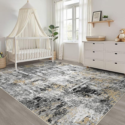 5x7 Area Rugs Living Room: Washable Large Abstract Neutral Modern Soft Rug Stain Resistant Indoor Floor Non-Slip Accent Carpet for Bedroom Nursery Playroom Dining Room Office Dorm Home- Black Gold